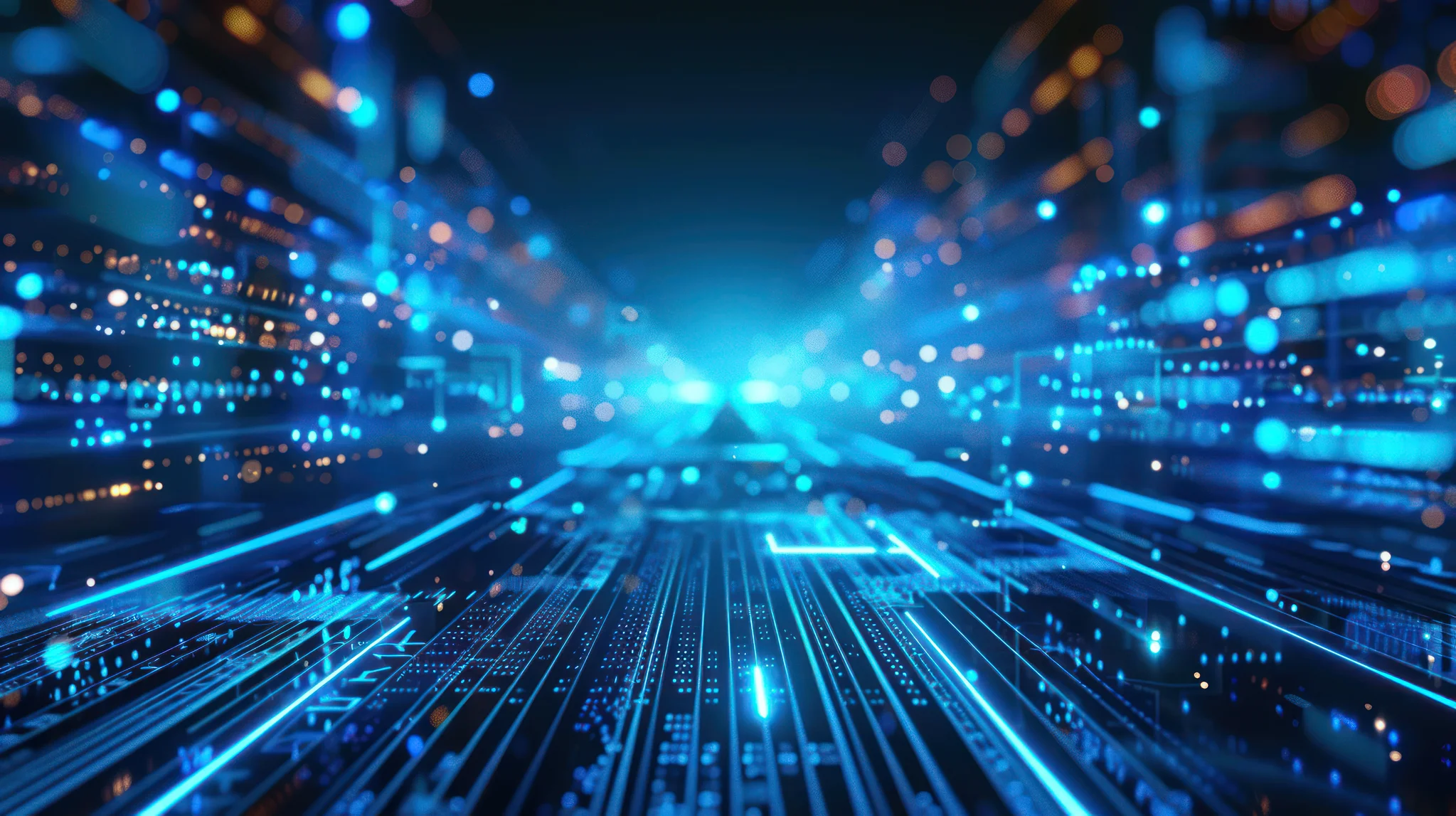 Capture the futuristic allure of digital innovation with a image of a blue technology background illuminated by pulsating motion neon light.