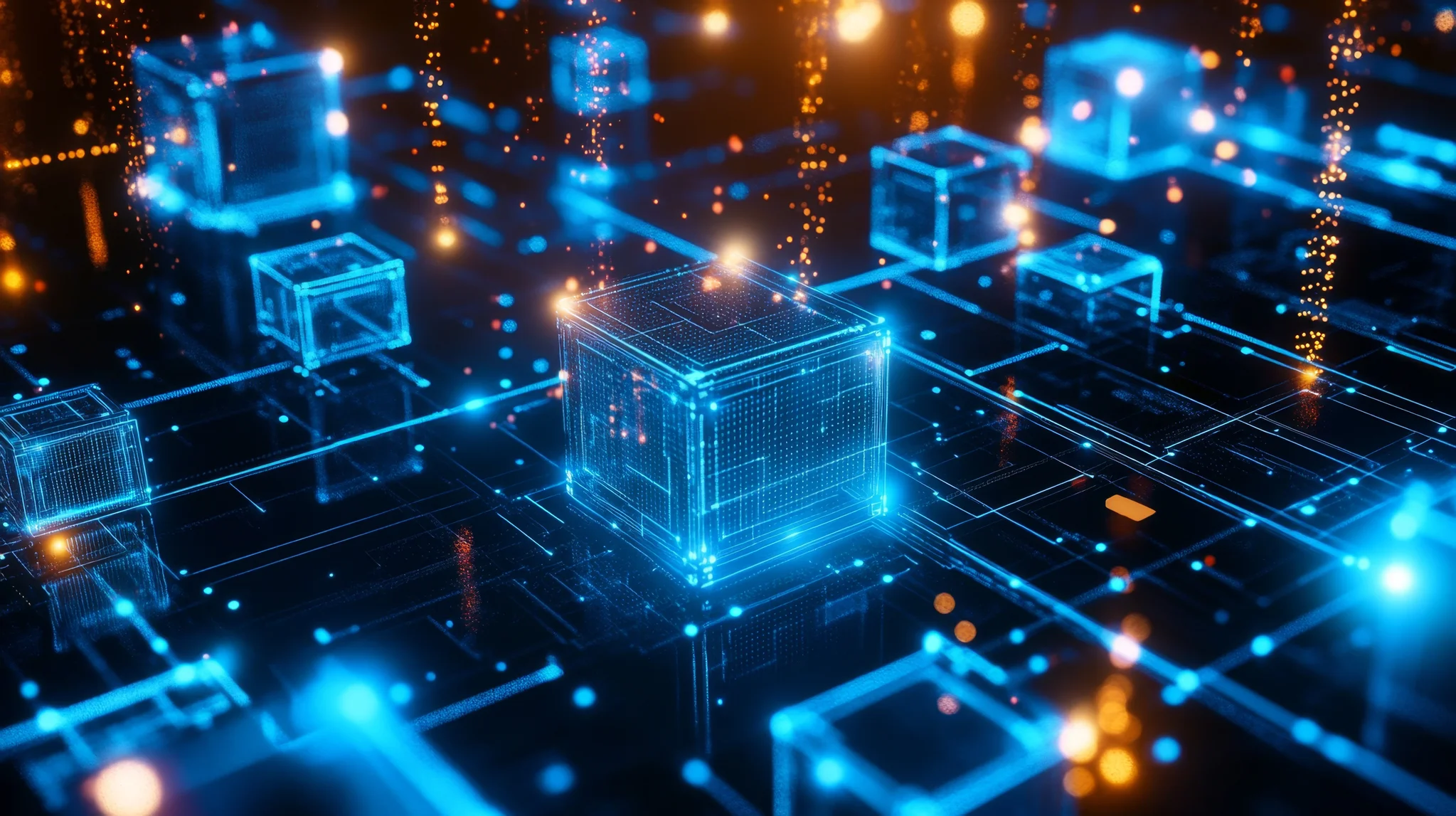 Abstract visuals of blockchain technology in business, featuring interconnected digital blocks and data nodes