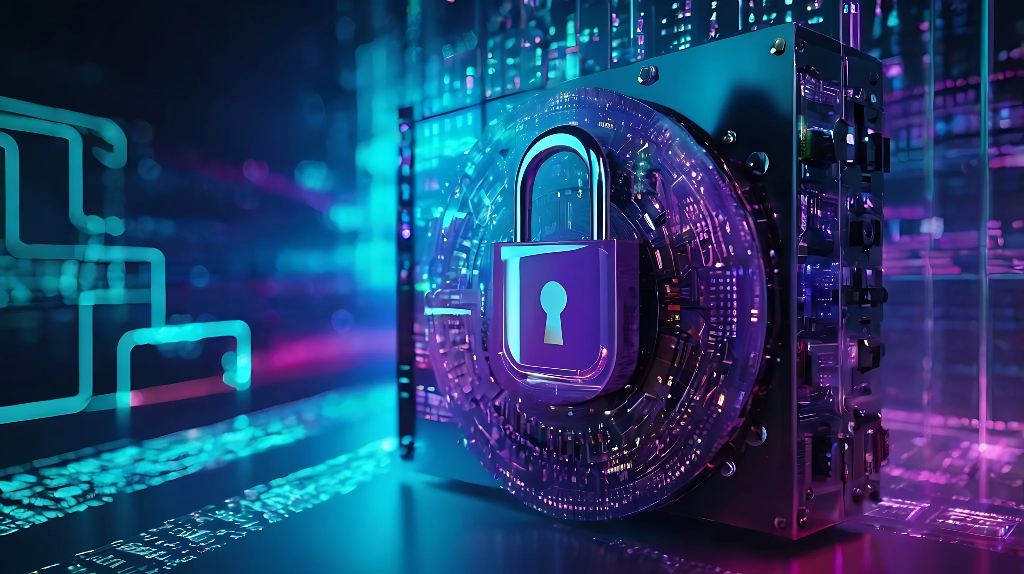 Purple security padlock on a dark background