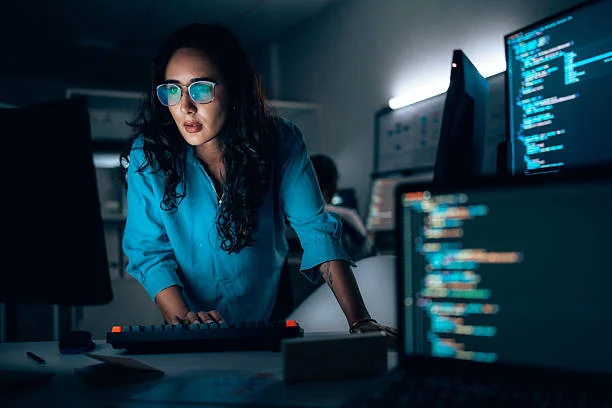 Female Security Architect in Dark Office