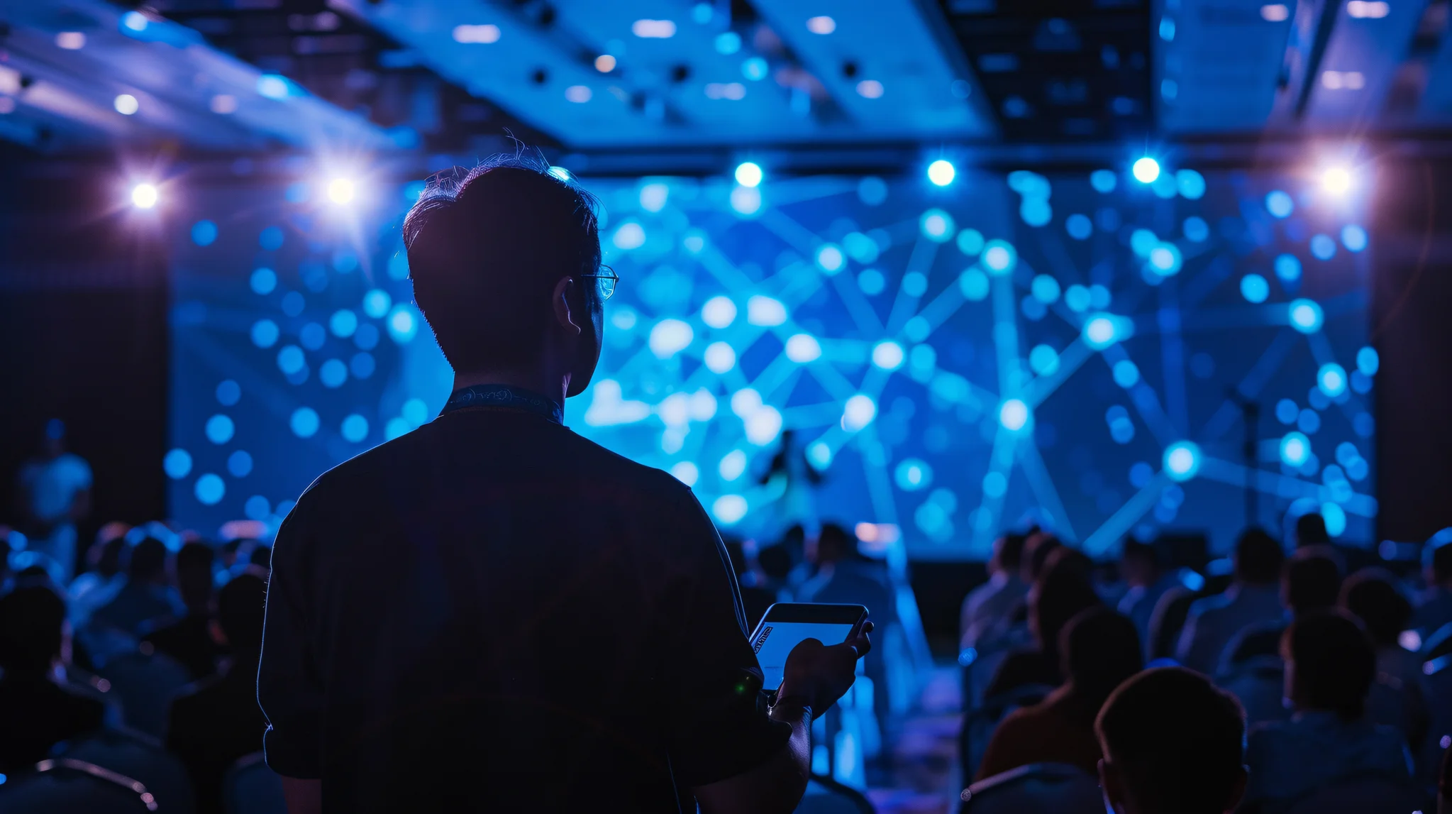 Man at a cyber event which is in a dark room