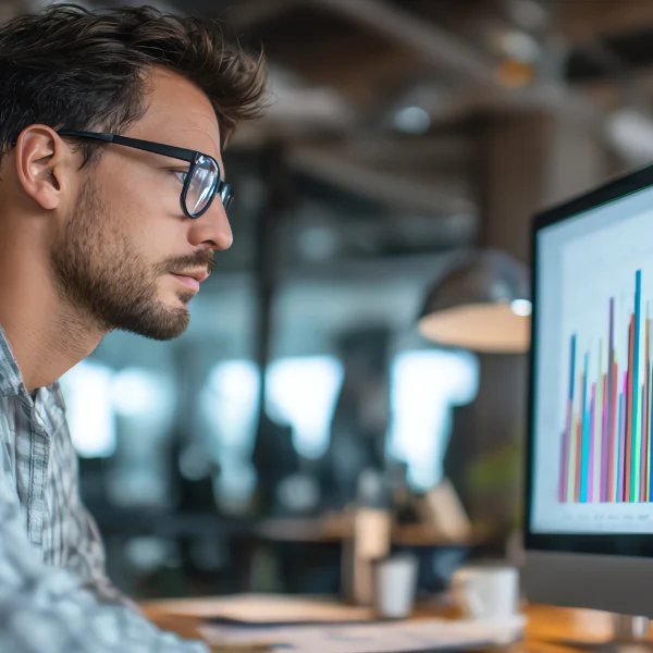 Asset management specialist monitoring global markets on a computer screen
