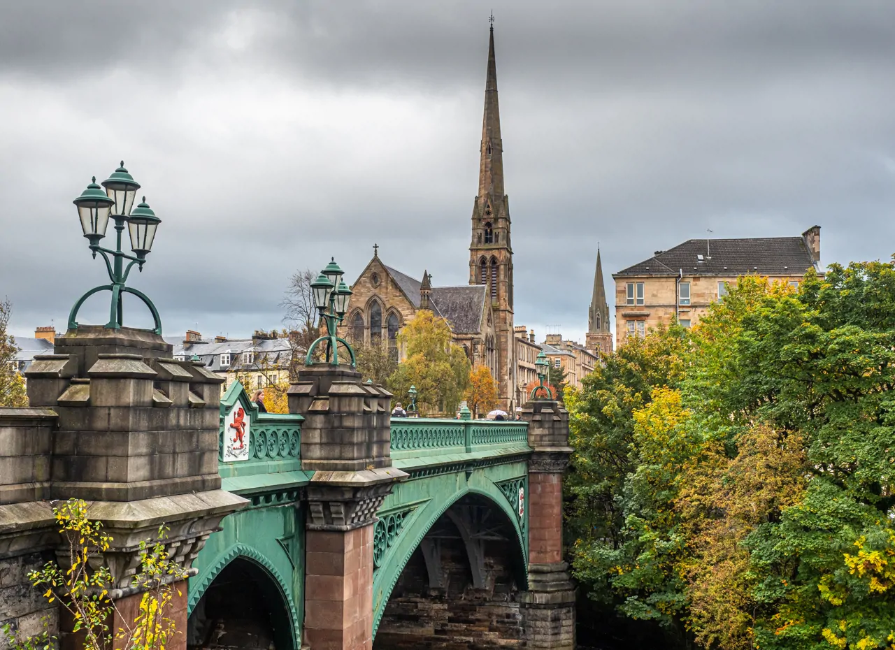 Kelvin Bridge Glasgow with the Lansdowne Church spire in the background