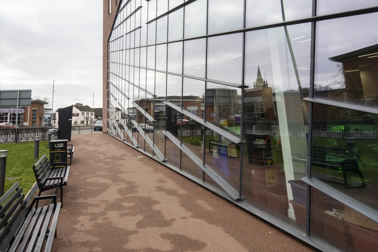 Castle house glass modern building next to queens gardens Newcastle Under Lyme town centre