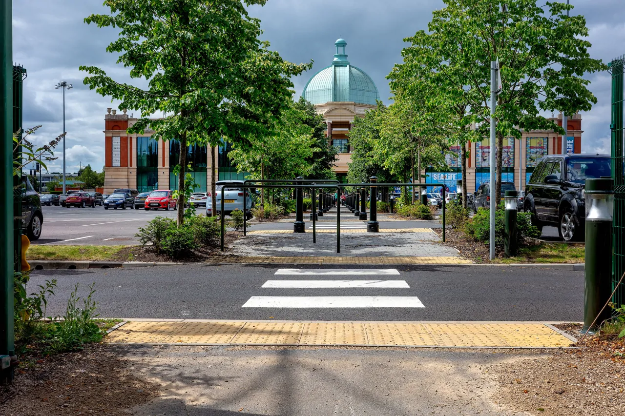 Trafford center car park in Mancheste with domed shopping center behind