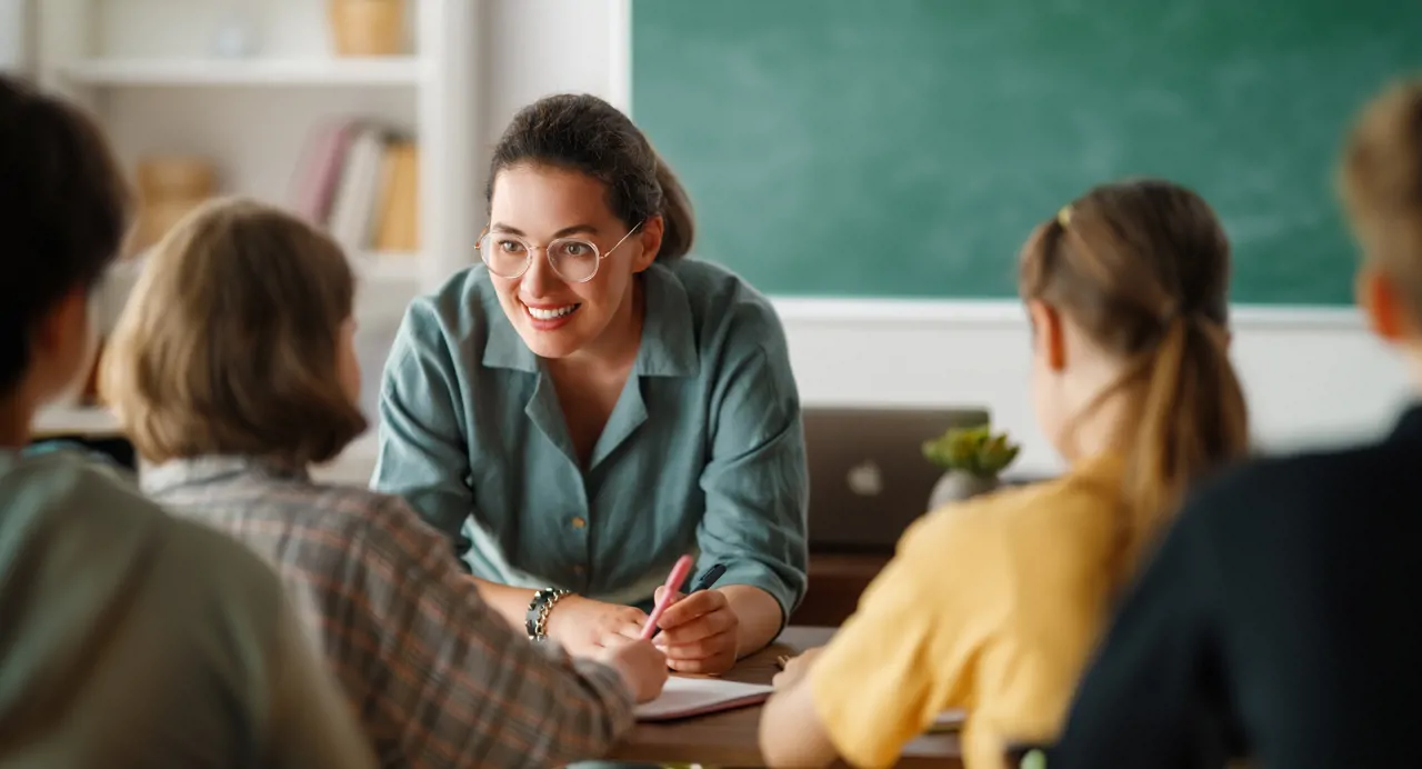 Teacher helping children with school work in class