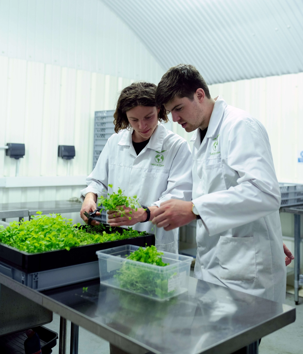 2 people in lab coats look at plants