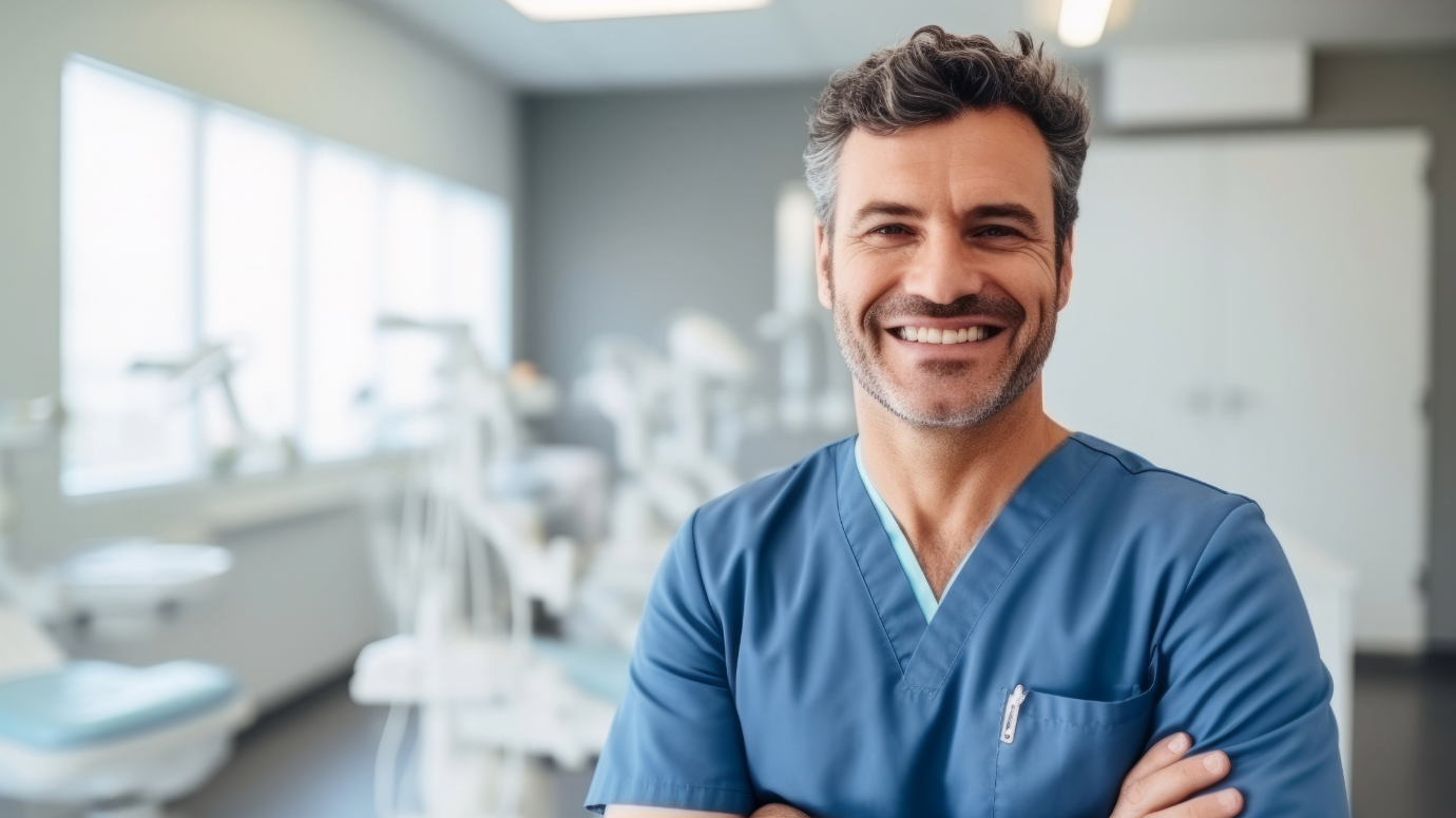 A person in blue scrubs smilingDescription automatically generated