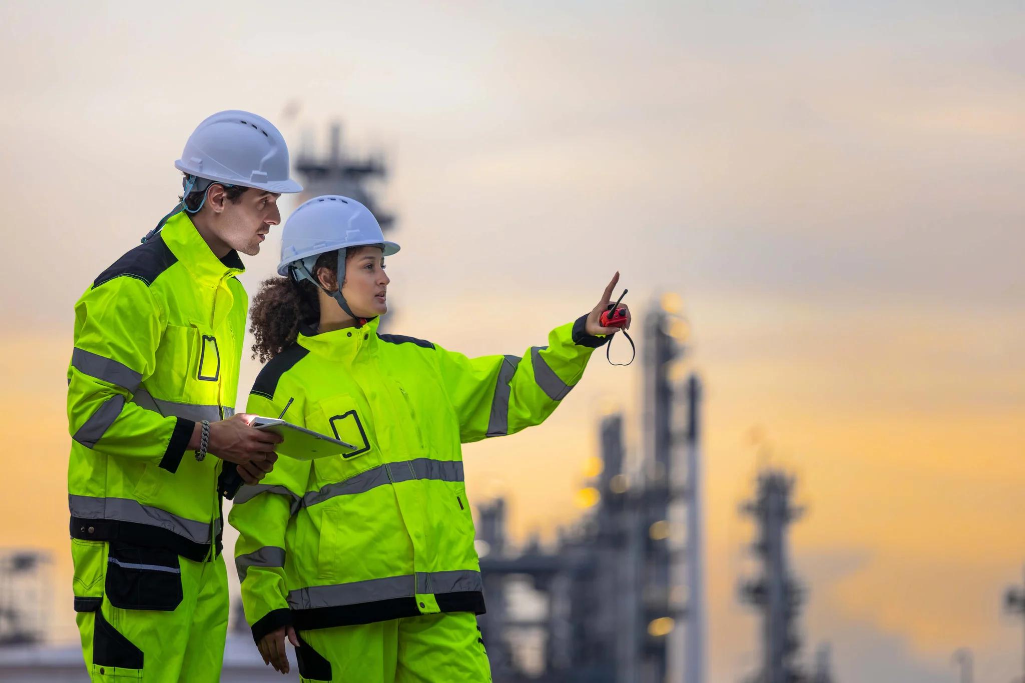 two workers in yellow ppe sunset