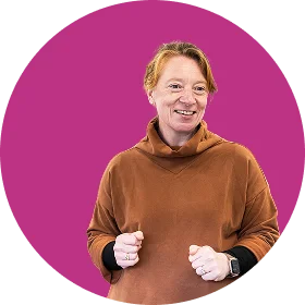 hero image woman against purple/pink background