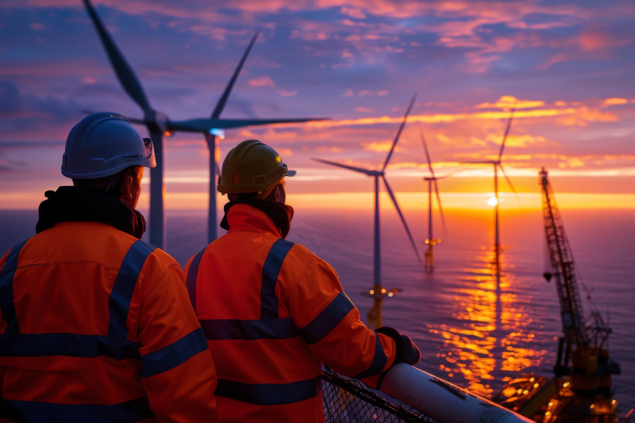 two crew members looking out the offshore wind farm from ship