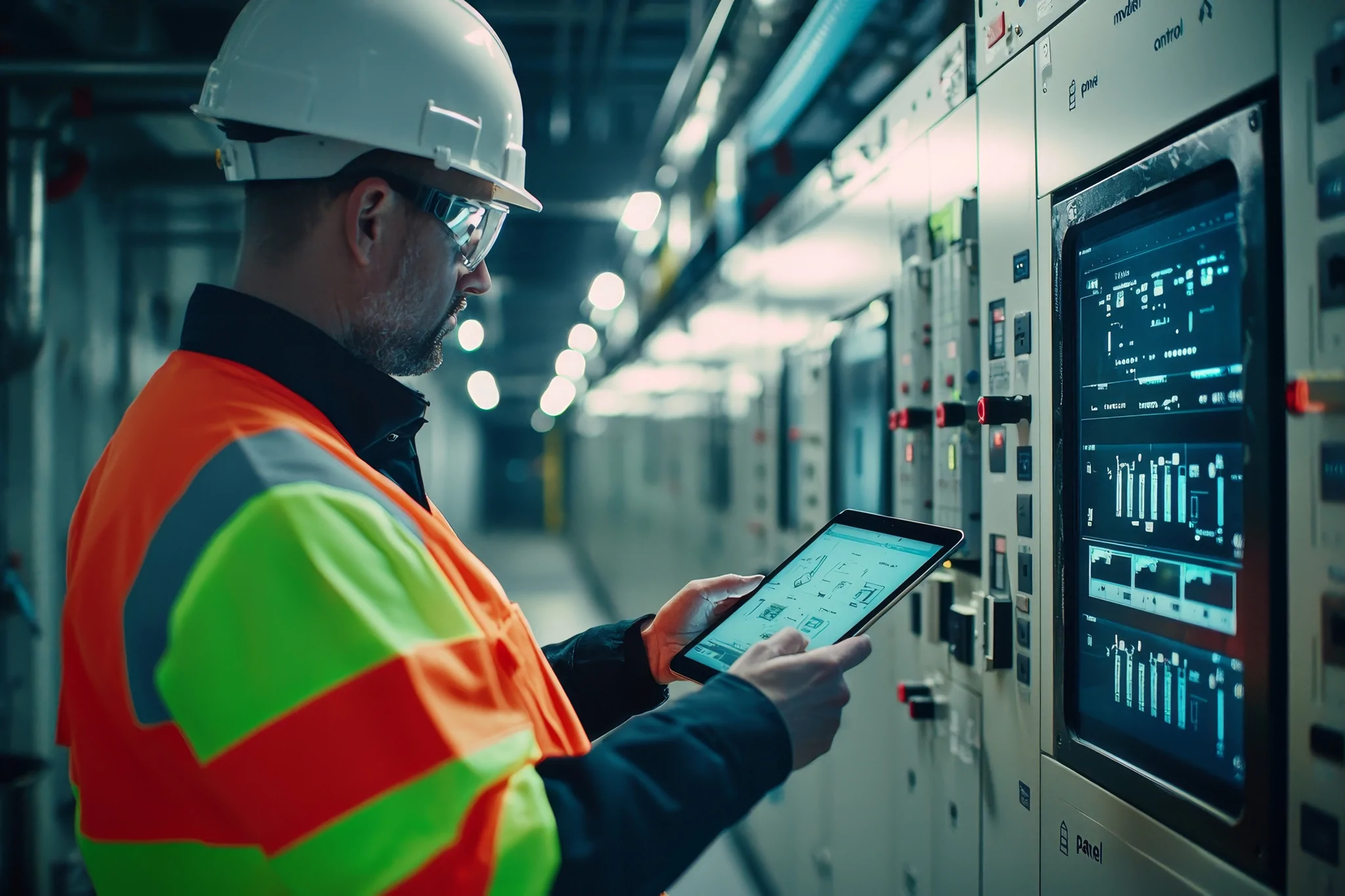 man with tablet looking at machine screen data
