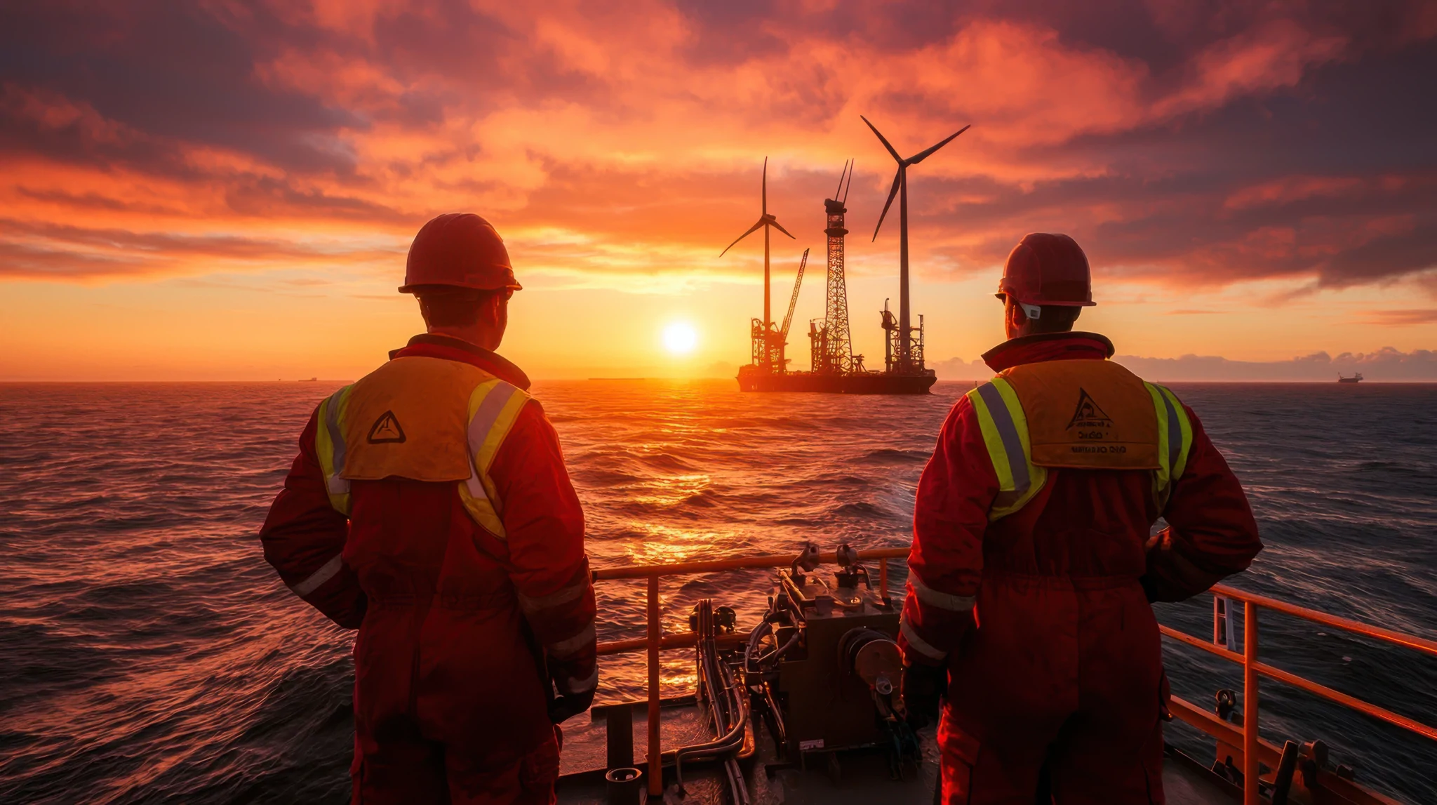 men looking out at offshore wind turbine being constructed in distance