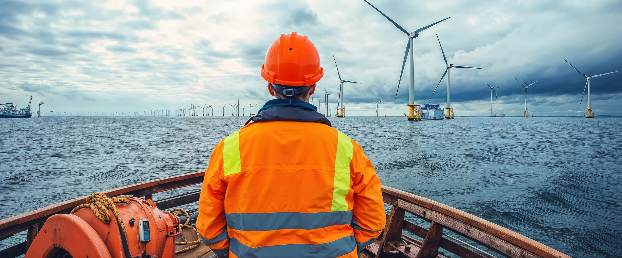 man looking out from end of boat to the offshore wind turbines infront