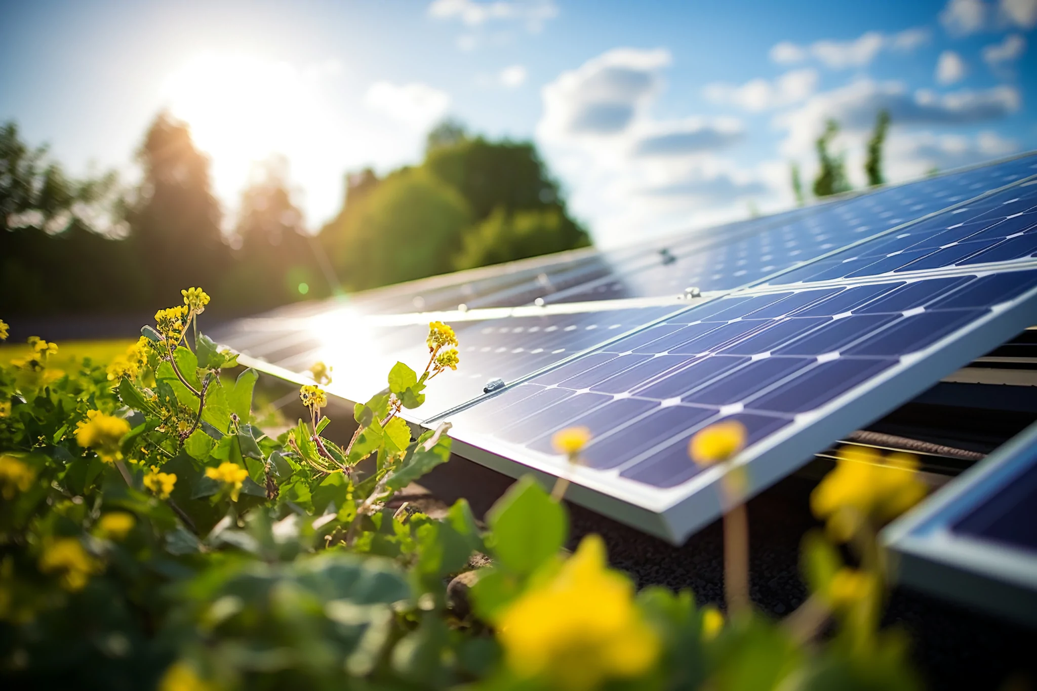 close up of solar panel in field with yellow flowers