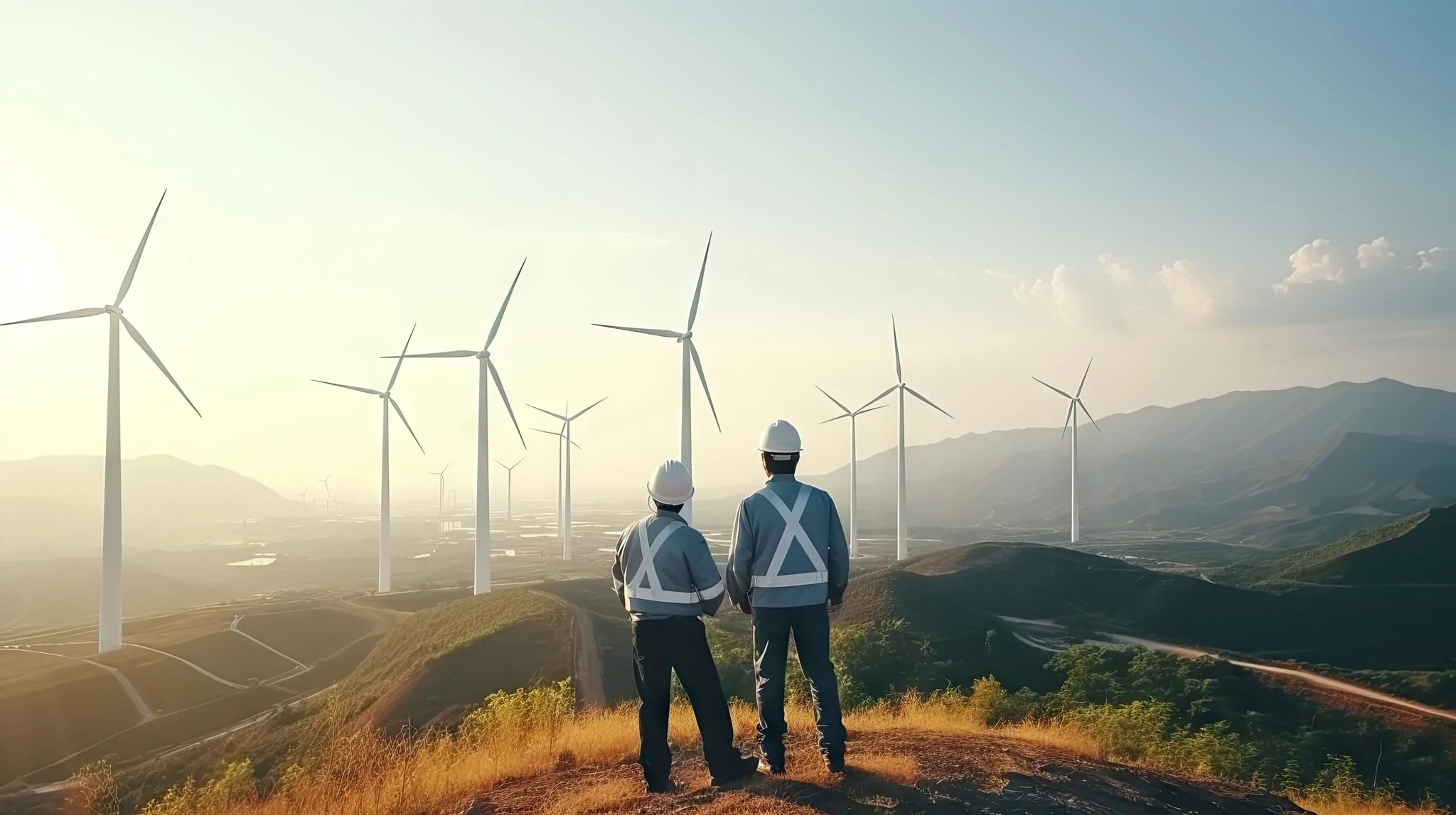 two people looking out into the distance of onshore wind farm