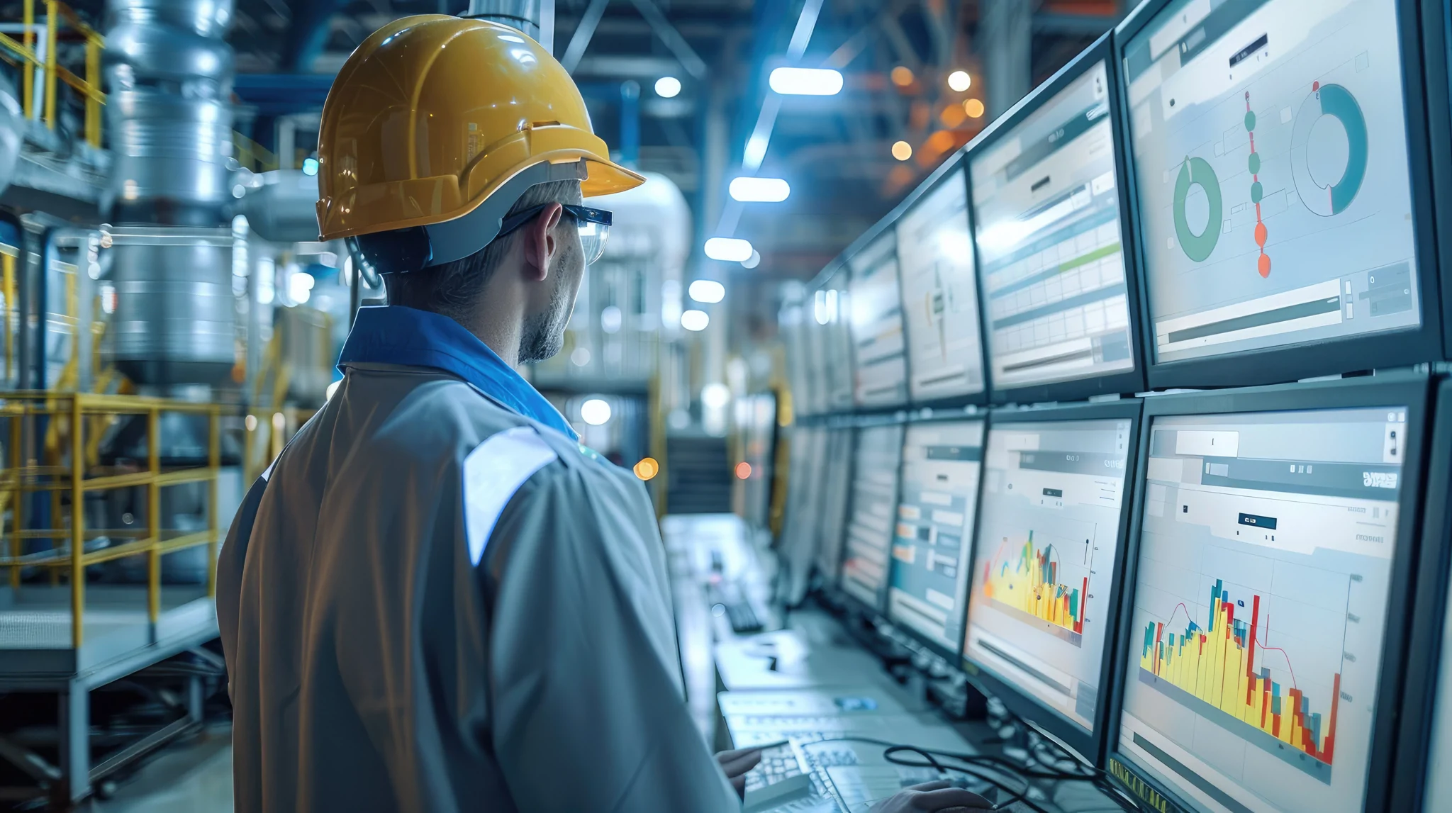 man looking at screens of data within a power plant