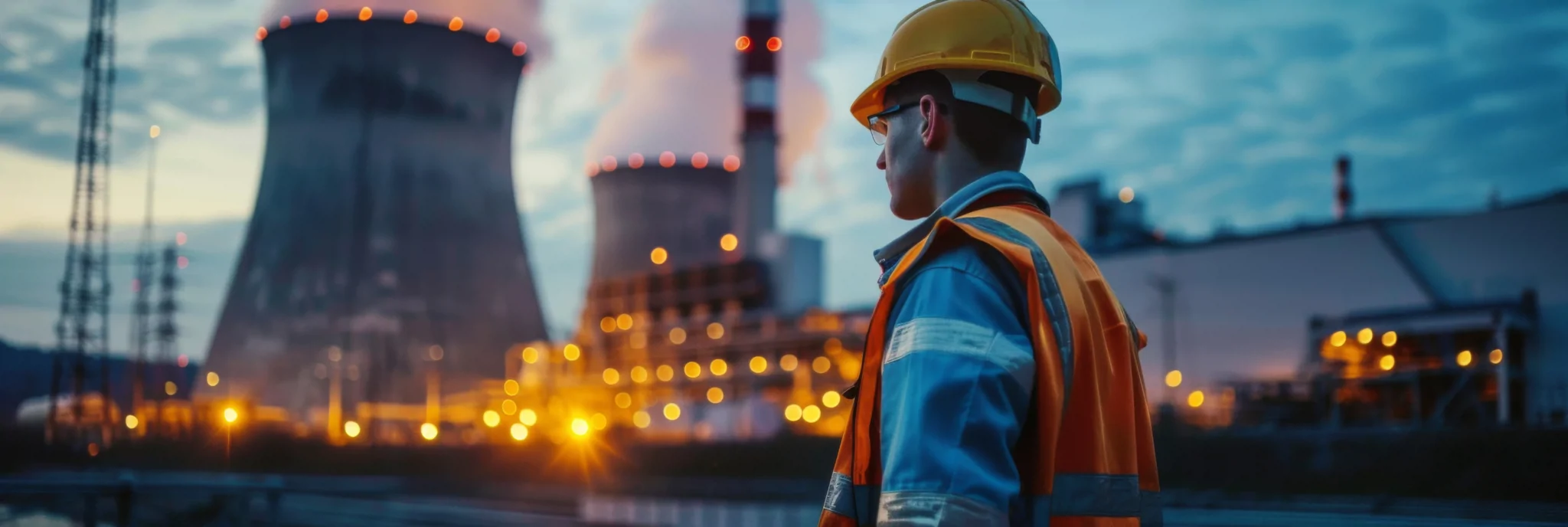 man with nuclear power plant in background