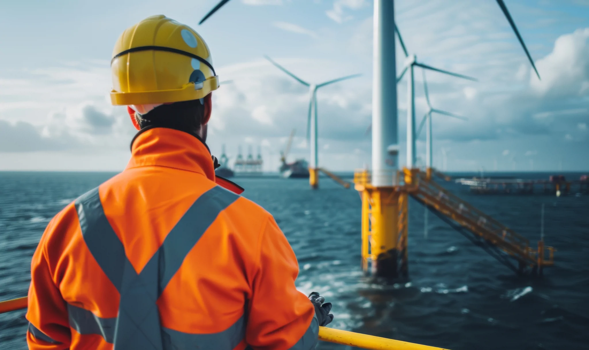 man looking at offshore wind turbines in distance