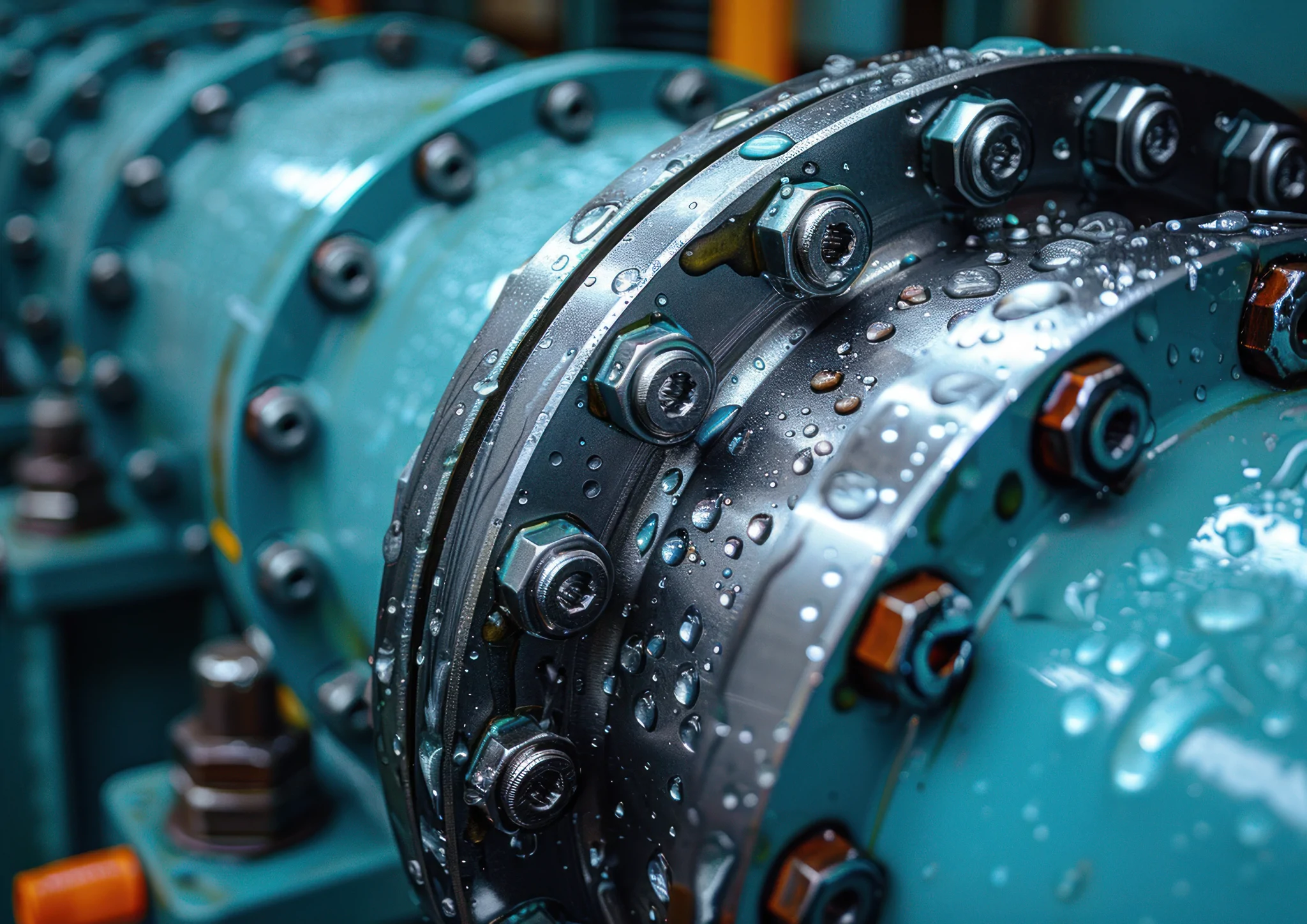 abstract closeup of nuts and bolts on pipe