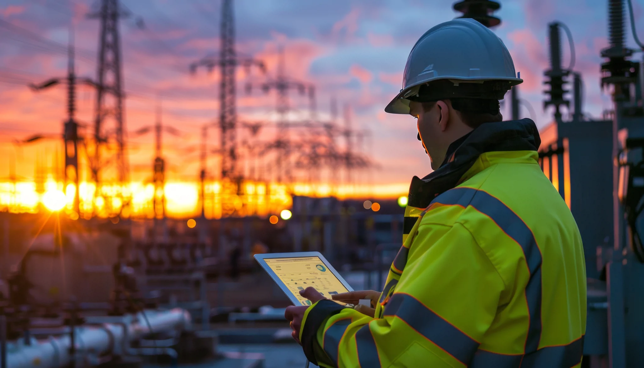man with tablet looking out at power station