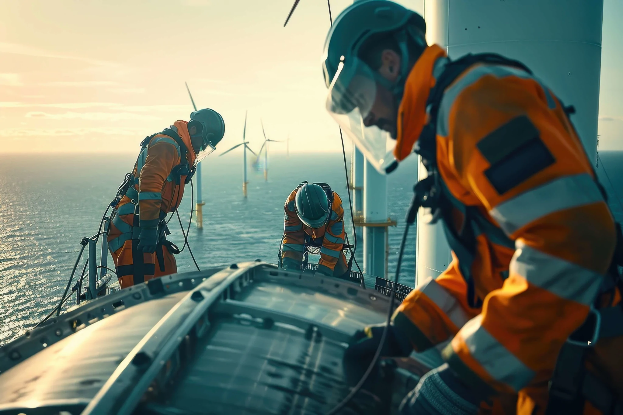 men working on offshore wind turbine