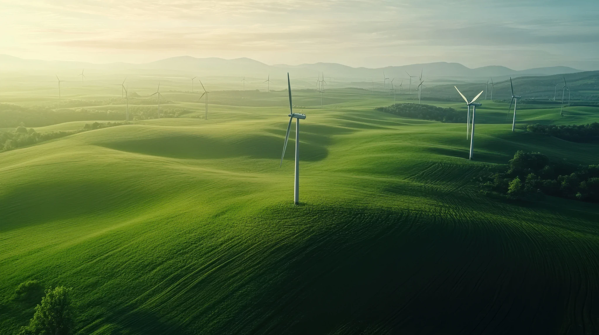 green field with wind turbines