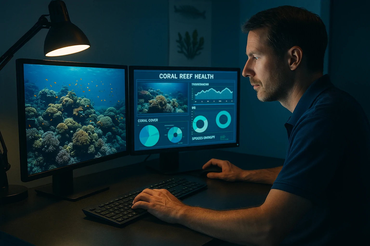 Marine biologist examining data from environmental survey