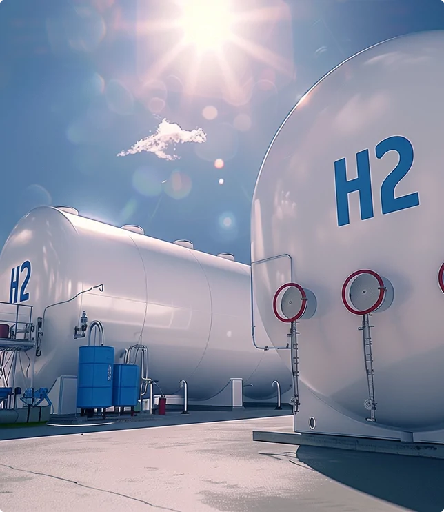 large H2 white tanks in an industrial lot on a sunny day