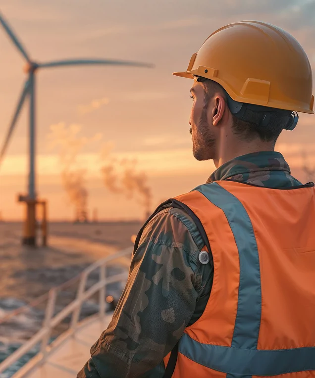 man in hard hat looking over wind farm at sea at sunset