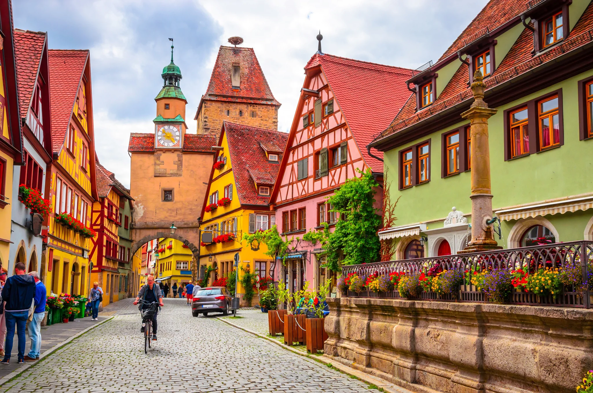 Beautiful streets in Rothenburg ob der Tauber with traditional German houses, Bavaria