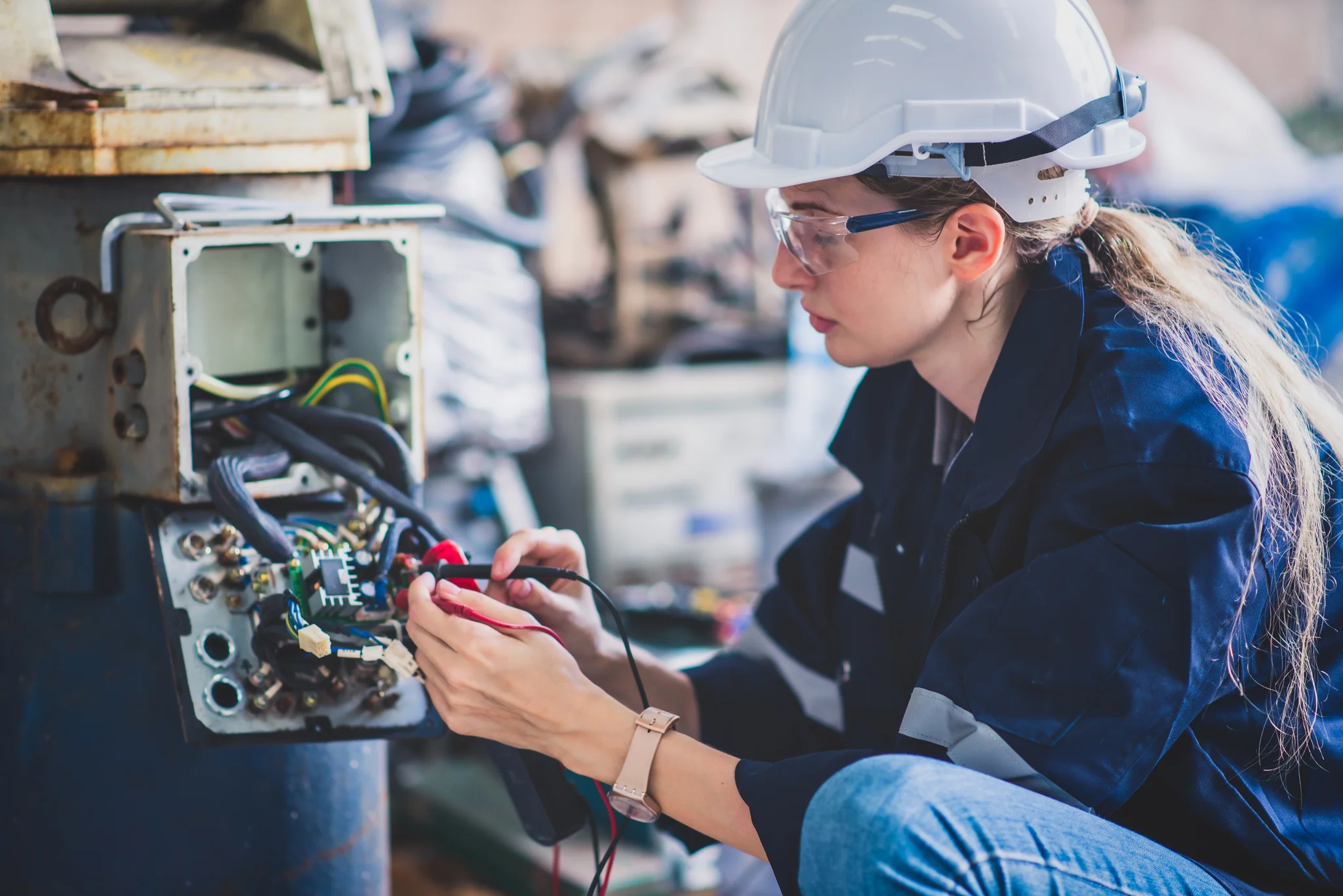 Female electrical engineer checking Power Distribution Cabinet in a control room