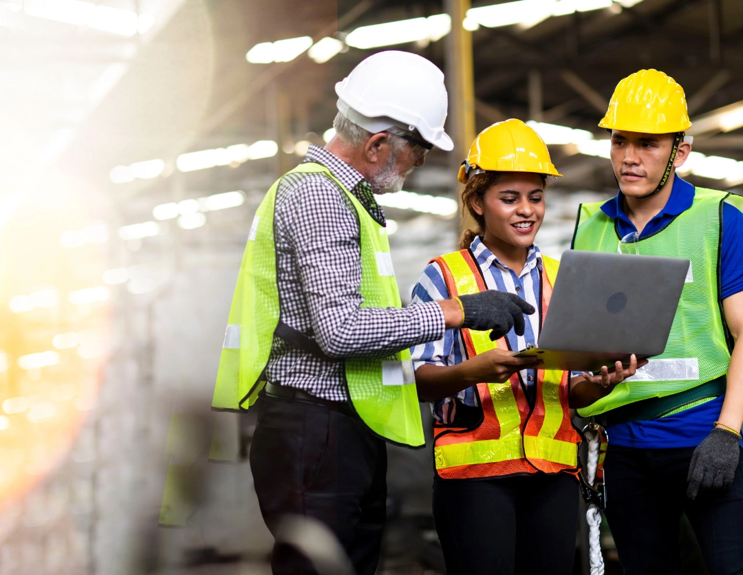 Three construction workers stood looking at a laptop