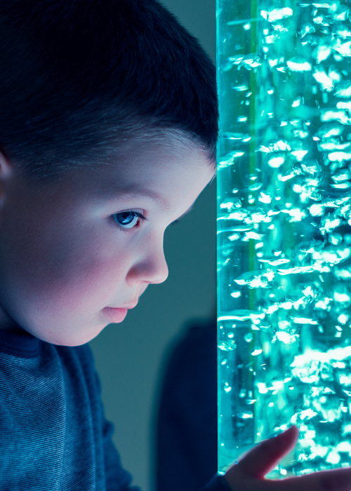A young boy looking at sensory equipment