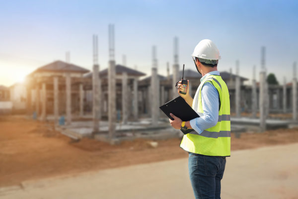 A construction worker looking at the start of a build