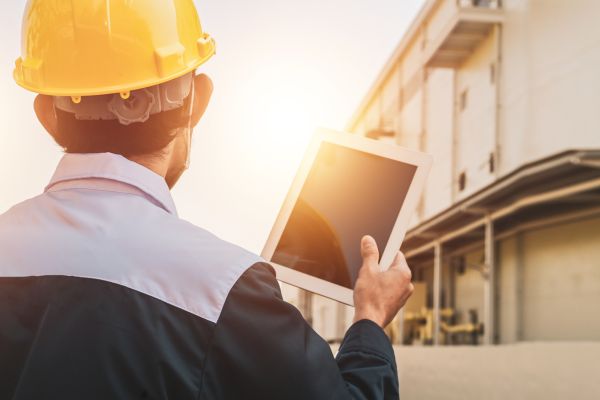 A man wearing a yellow hard hat holding an electronic tablet