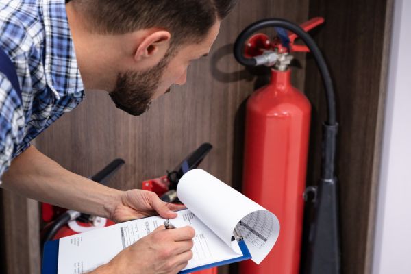 A man inspecting a fire extinguisher