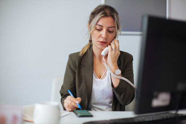 A lady sat at a desk on the telephone