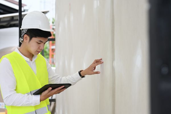 A man wearing a white hard hat and high vis holding a clipboard