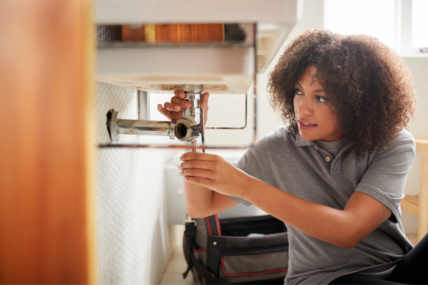 A female plumber fixing a pipe