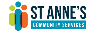 'St Anne's Community Services' written with three silhouettes of people in green, blue and orange to the left