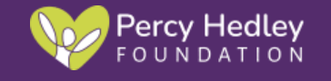'Percy Hedley Foundation' written on a purple rectangle, on the left hand side is a green heart with a silhouette of a person 