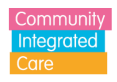 'Community' written in a pink rectangle, 'Integrated' written in a blue rectangle and 'Care' written in an orange rectangle