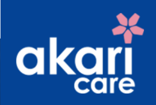 Blue square with 'Akari Care' written in centre and a pink flower over the 'i'