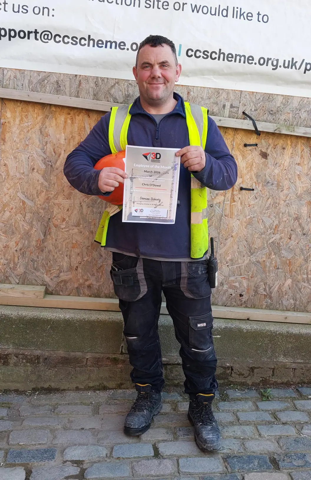 Chris O'Dowd with his Employee of the Month Certificated from Darran (left) and John at the site