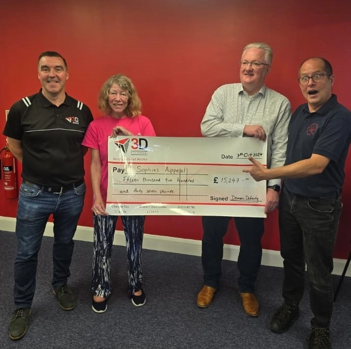 Mike and Lin receiving a presentation cheque from Daman and Alan representing the funds collected for 2023 and 2024