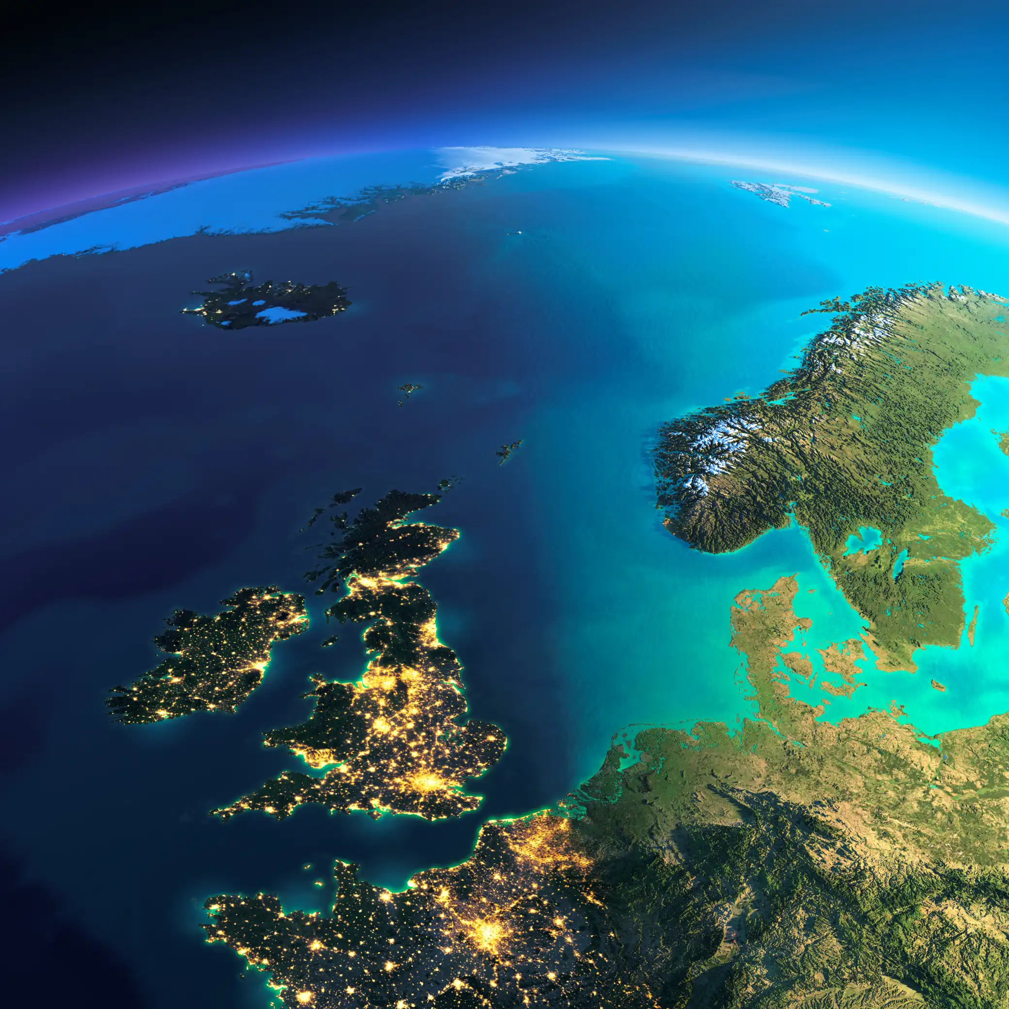 3D - Ireland and the UK with part of Europe - Satellite view