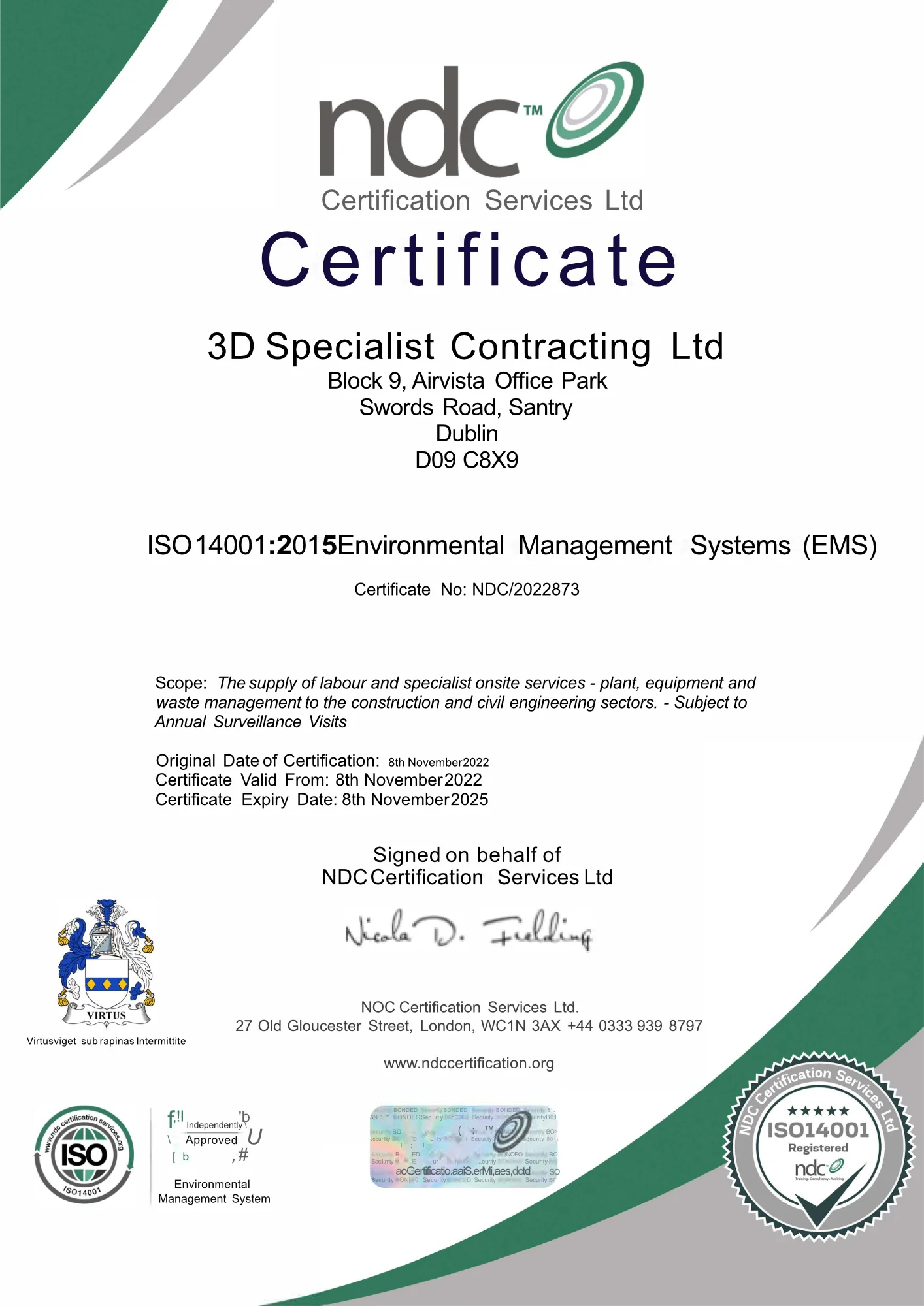 3D ISO 14001:2015 certificate