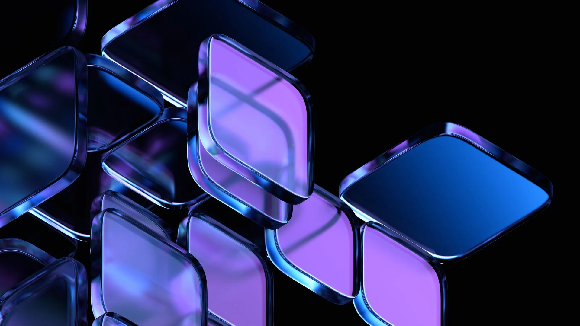 Abstract 3D glass squares in blue and purple gradient on black background
