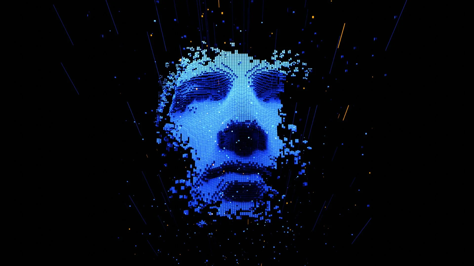Blue pixelated human face made of glowing digital cubes on a black background with scattered light streaks, futuristic 3D data visualization art